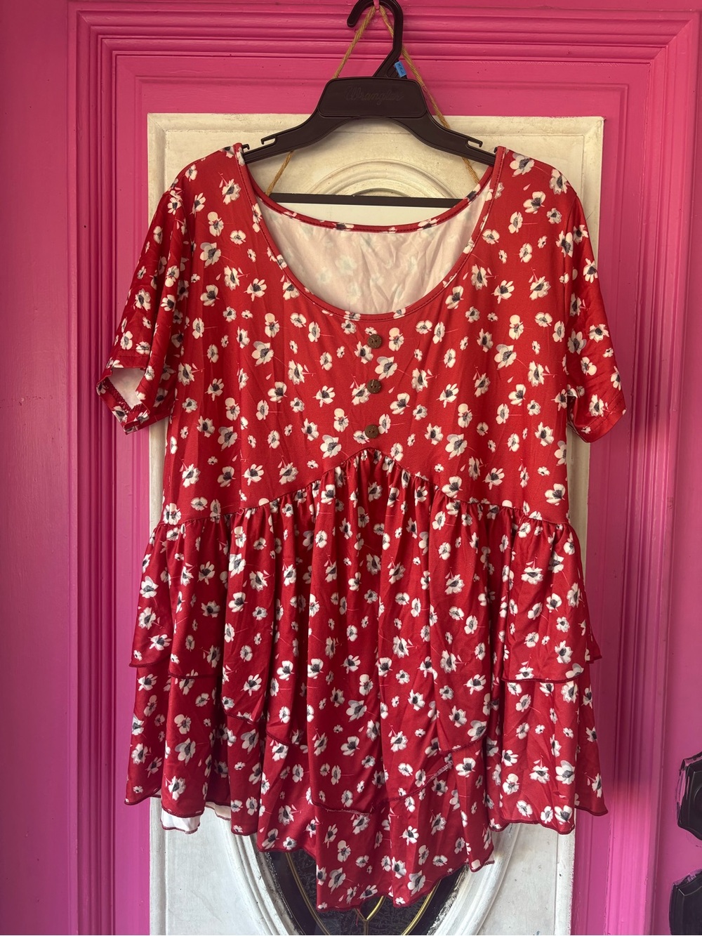 Tiered Red Floral Short-Sleeve Tunic Top